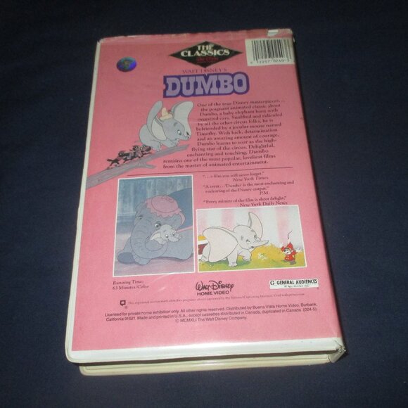 Dumbo VHS Walt Disney, Black Diamond Pink Spine, Original Vintage Clamshell Case - Picture 3 of 6